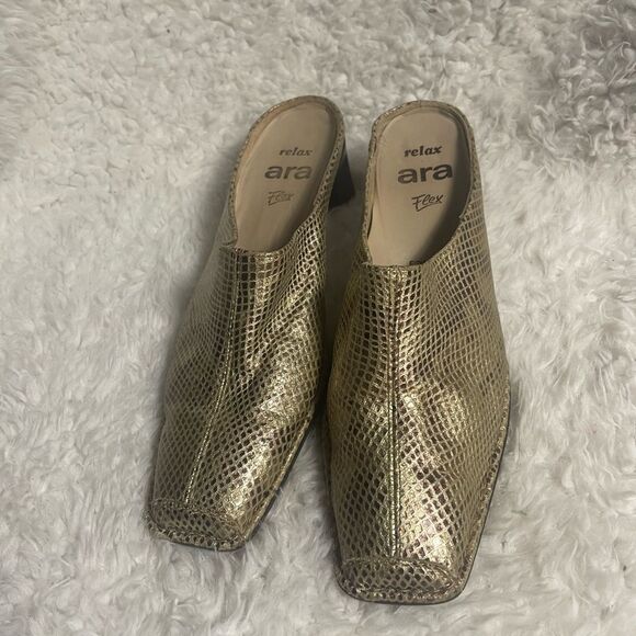 Ara Relax Flex gold & bronze Leather Textured Slip on Heel Mules SZ US 8 run big - Picture 1 of 10